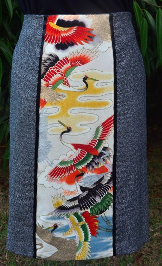 Grey tweed skirt with kimono silk 'Cranes' front panel